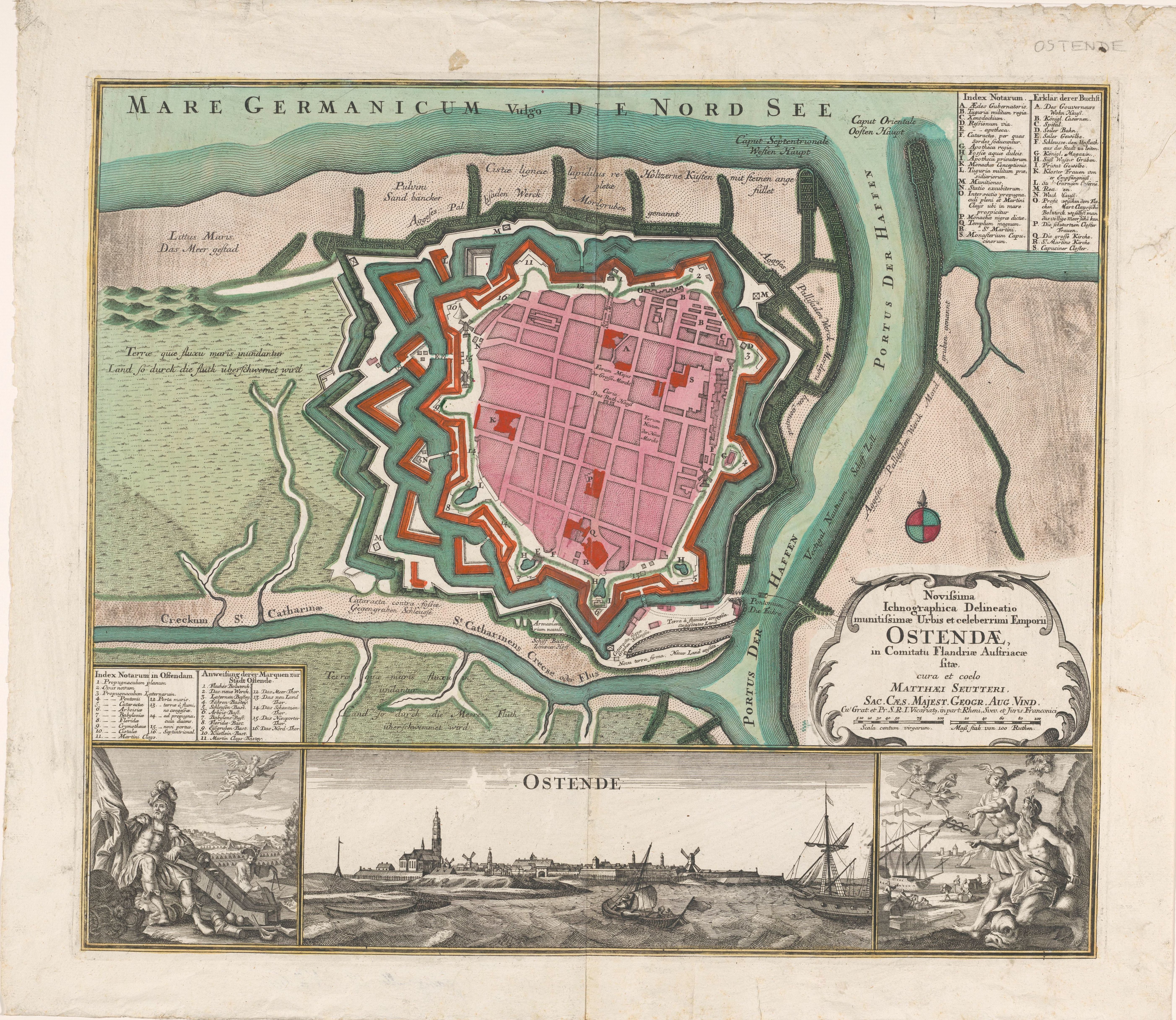 1 Plattegrond van Oostende met stadsgezicht Matthaeus Seutter III 1708 1757