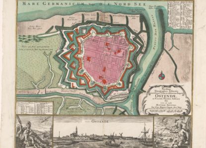 1 Plattegrond van Oostende met stadsgezicht Matthaeus Seutter III 1708 1757